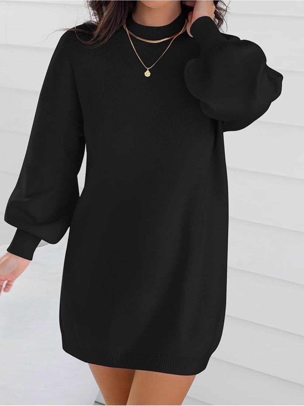 Fashion Nova Black Balloon-Sleeve Mini Sweater Dress